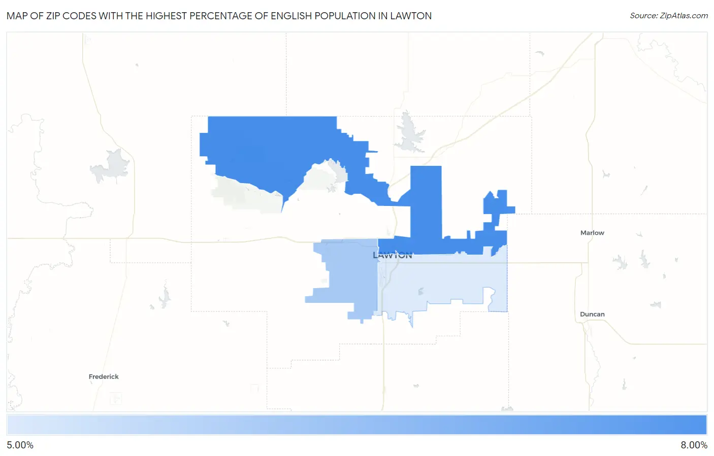 Zip Codes with the Highest Percentage of English Population in Lawton Map
