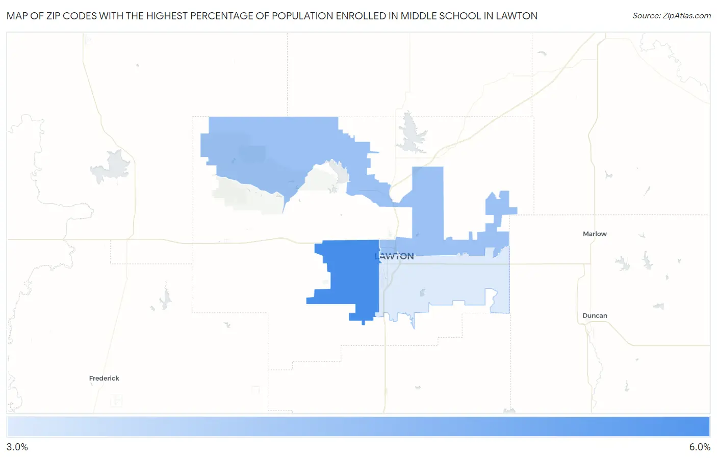 Zip Codes with the Highest Percentage of Population Enrolled in Middle School in Lawton Map