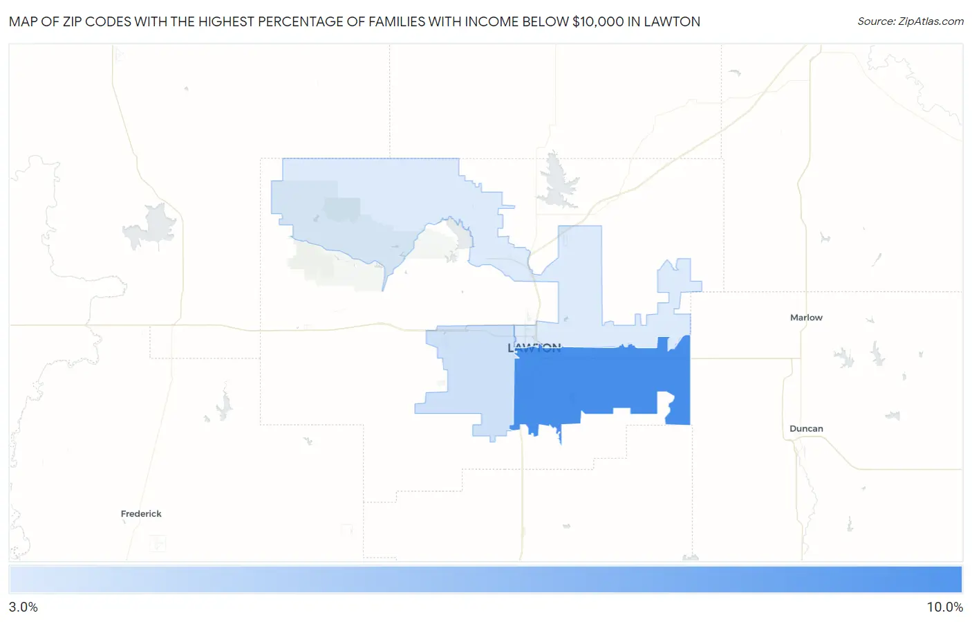 Zip Codes with the Highest Percentage of Families with Income Below $10,000 in Lawton Map