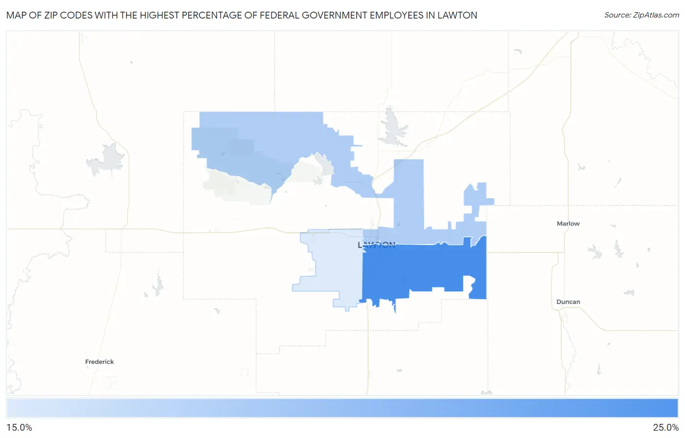 Zip Codes with the Highest Percentage of Federal Government Employees in Lawton Map