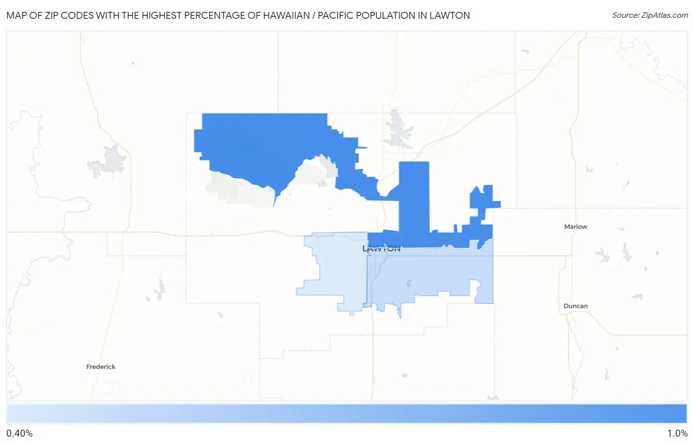 Zip Codes with the Highest Percentage of Hawaiian / Pacific Population in Lawton Map