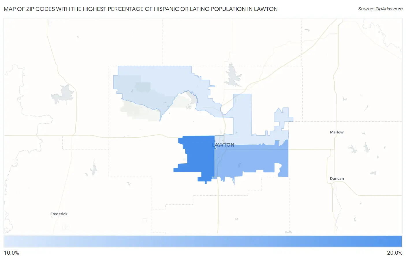 Zip Codes with the Highest Percentage of Hispanic or Latino Population in Lawton Map