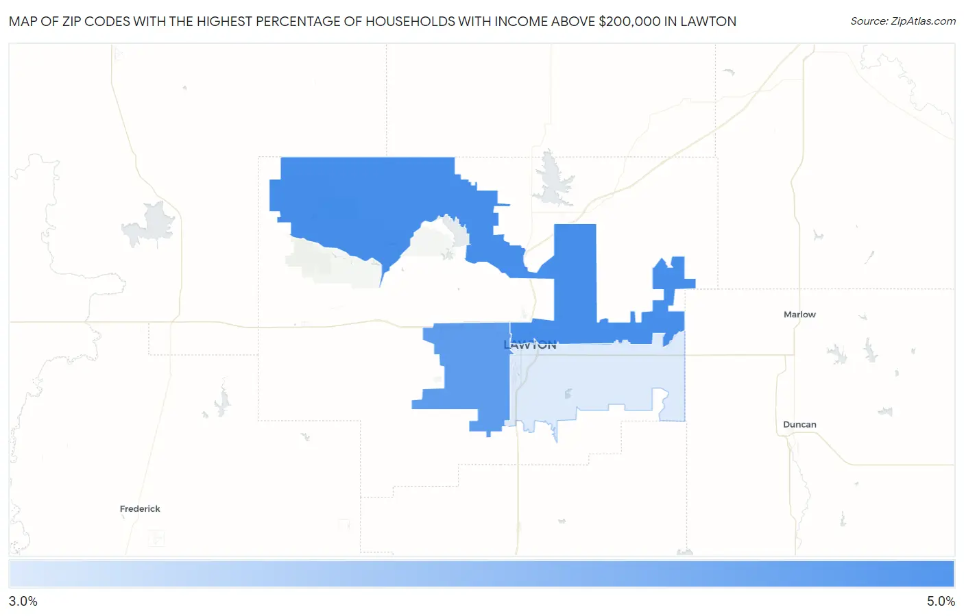 Zip Codes with the Highest Percentage of Households with Income Above $200,000 in Lawton Map