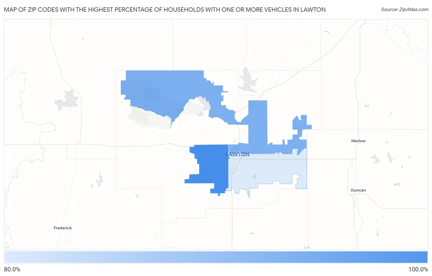 Zip Codes with the Highest Percentage of Households With One or more Vehicles in Lawton Map