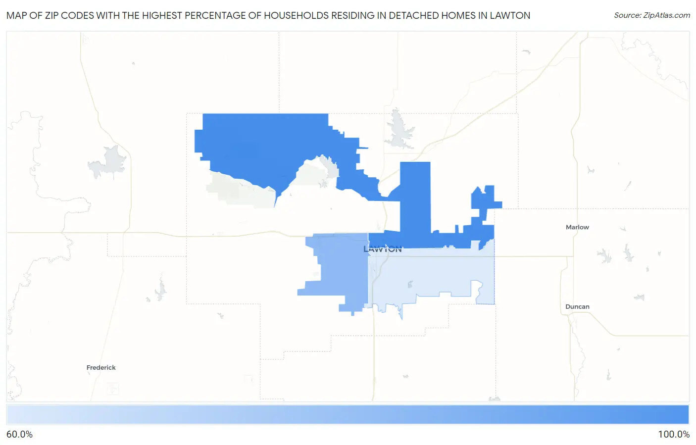 Zip Codes with the Highest Percentage of Households Residing in Detached Homes in Lawton Map