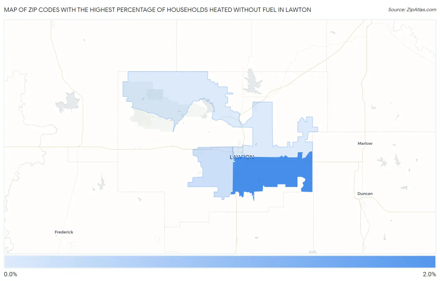Zip Codes with the Highest Percentage of Households Heated without Fuel in Lawton Map
