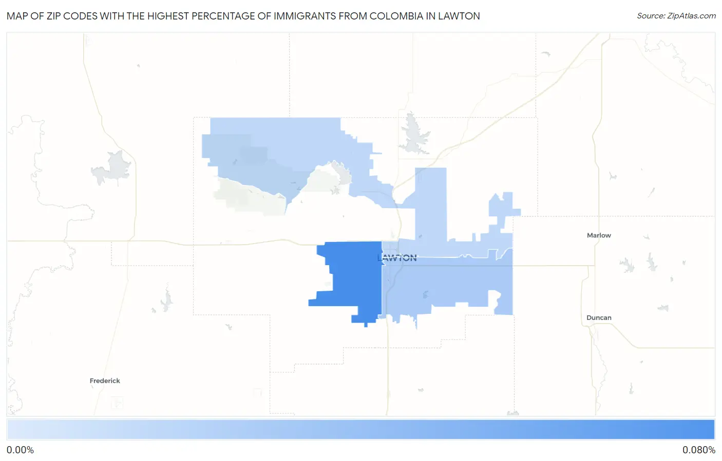 Zip Codes with the Highest Percentage of Immigrants from Colombia in Lawton Map