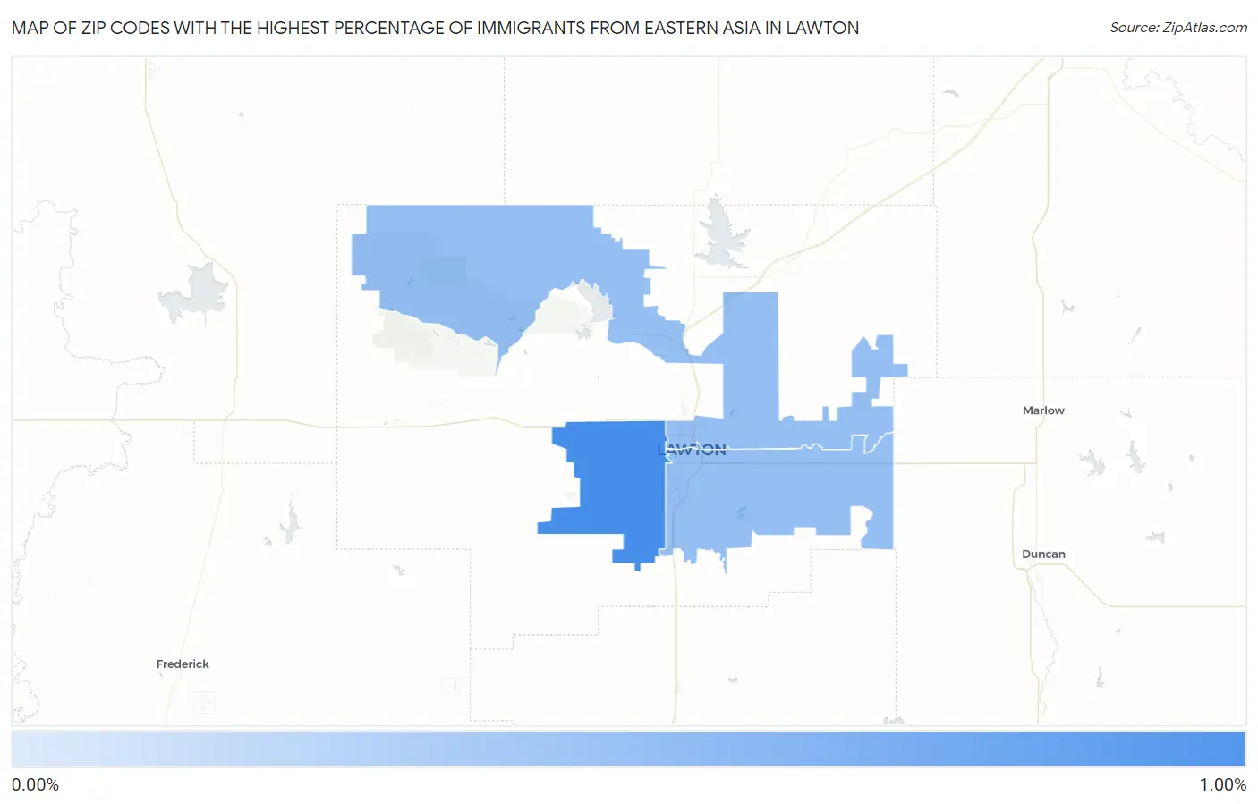 Zip Codes with the Highest Percentage of Immigrants from Eastern Asia in Lawton Map