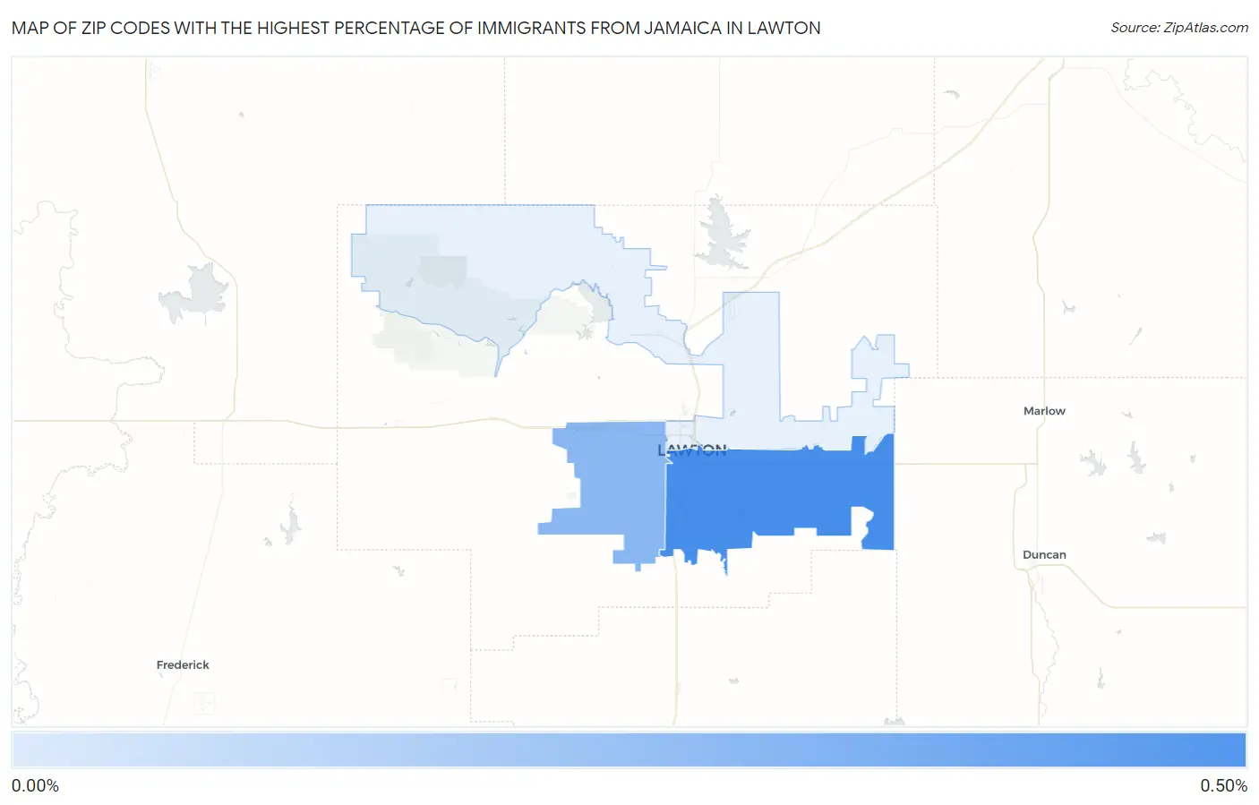 Zip Codes with the Highest Percentage of Immigrants from Jamaica in Lawton Map