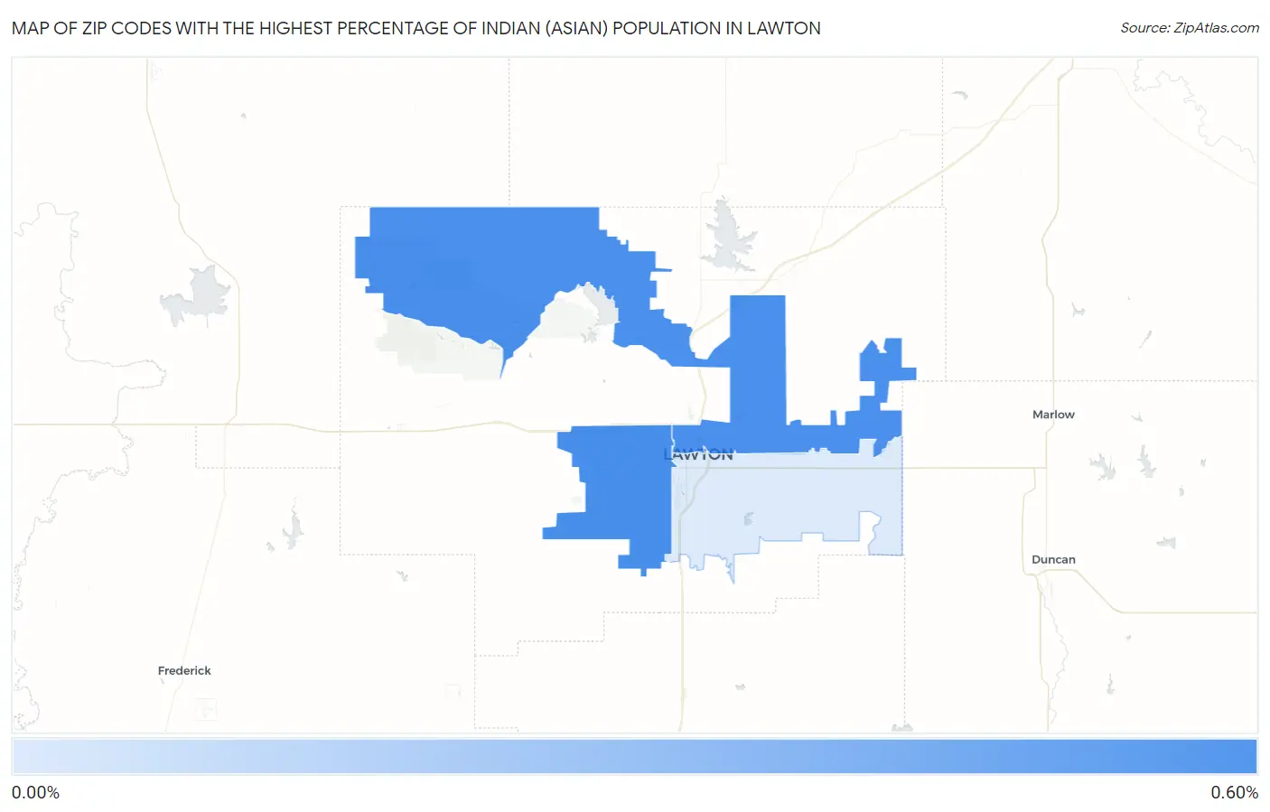 Zip Codes with the Highest Percentage of Indian (Asian) Population in Lawton Map