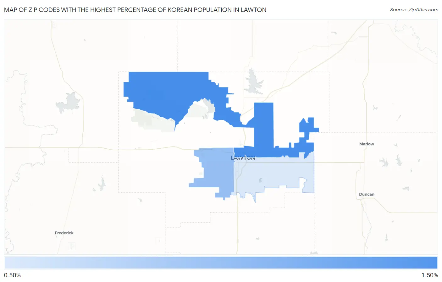Zip Codes with the Highest Percentage of Korean Population in Lawton Map