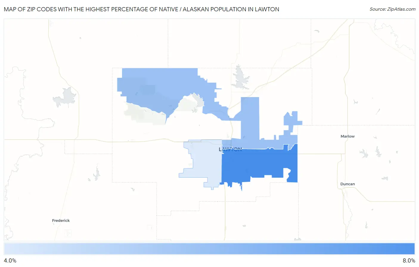 Zip Codes with the Highest Percentage of Native / Alaskan Population in Lawton Map