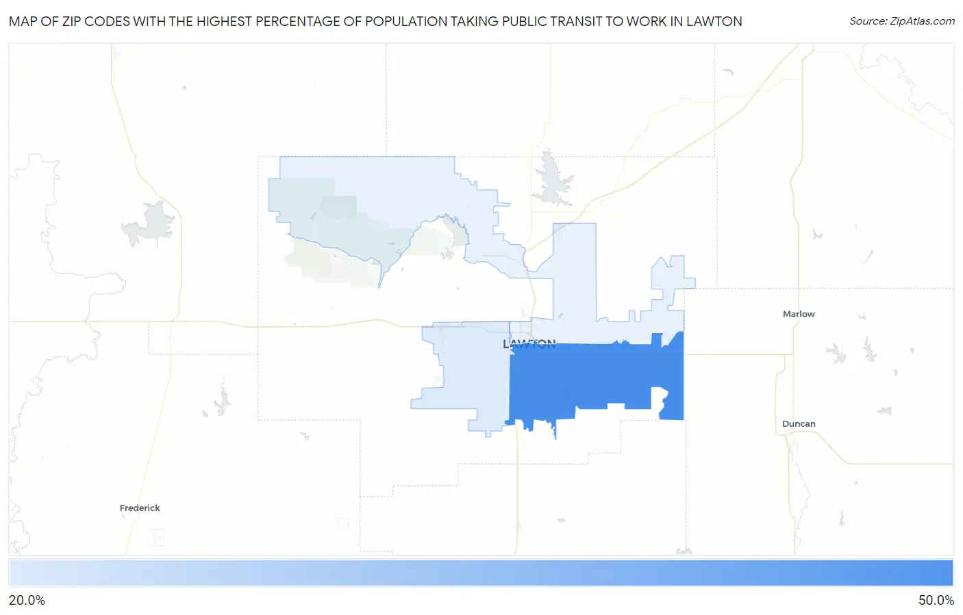 Zip Codes with the Highest Percentage of Population Taking Public Transit to Work in Lawton Map