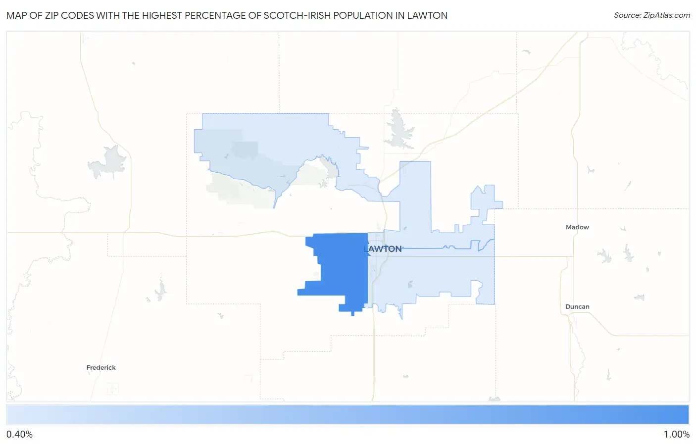 Zip Codes with the Highest Percentage of Scotch-Irish Population in Lawton Map