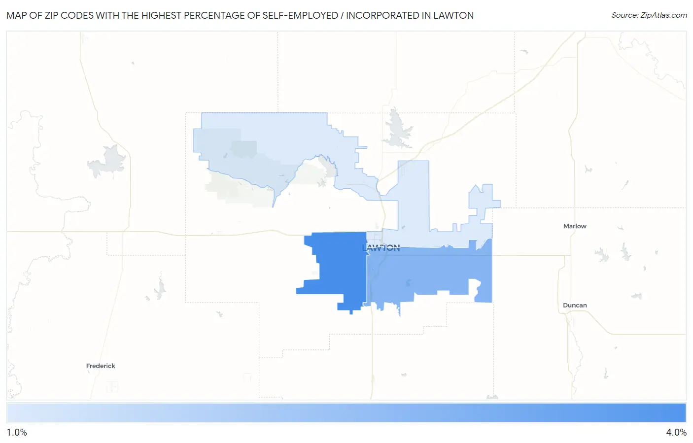 Zip Codes with the Highest Percentage of Self-Employed / Incorporated in Lawton Map