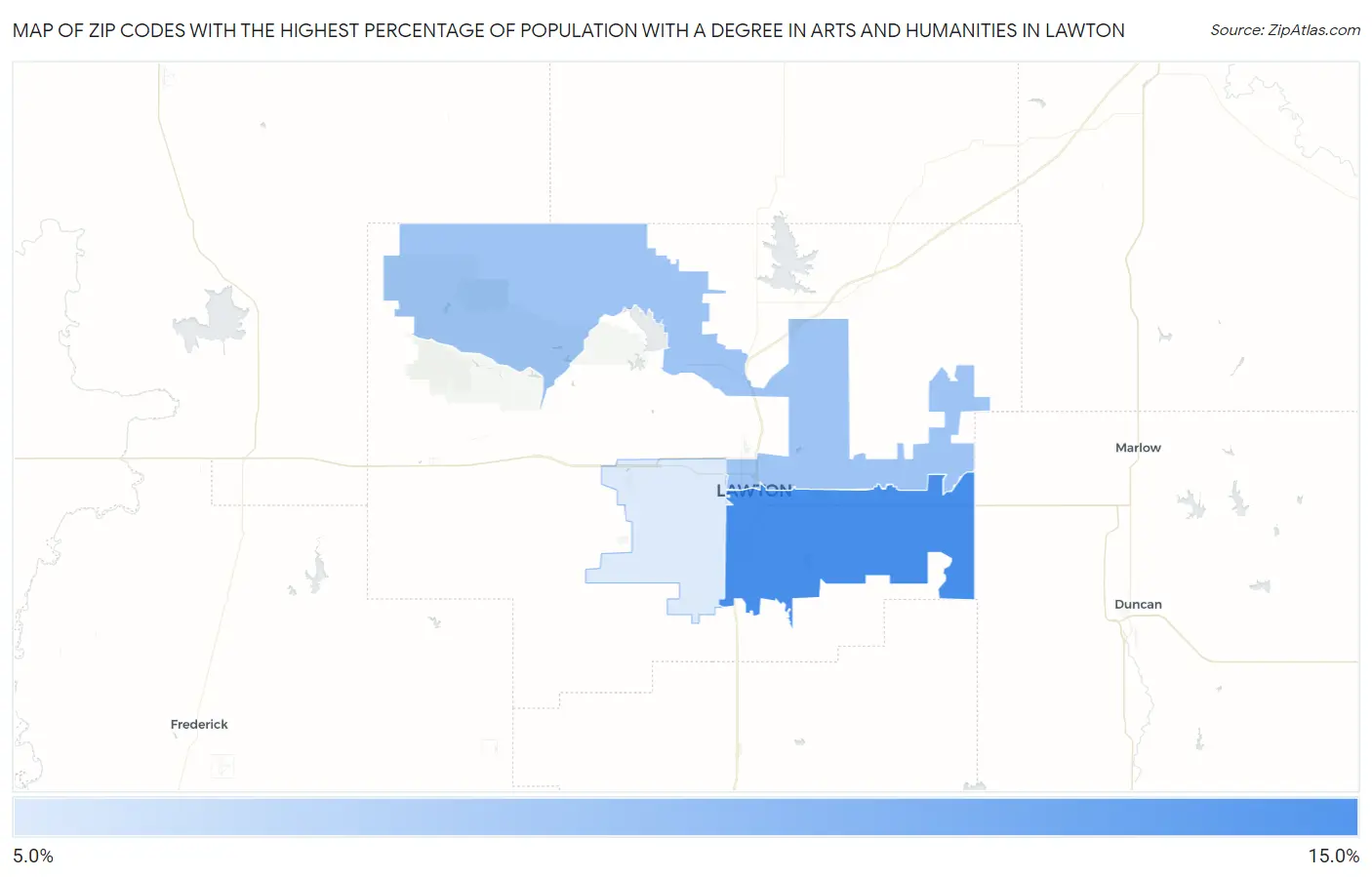 Zip Codes with the Highest Percentage of Population with a Degree in Arts and Humanities in Lawton Map