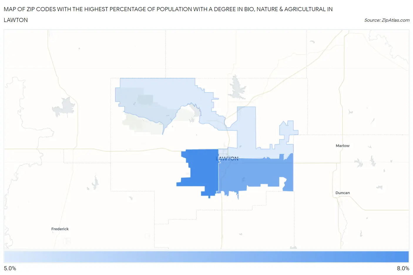 Zip Codes with the Highest Percentage of Population with a Degree in Bio, Nature & Agricultural in Lawton Map