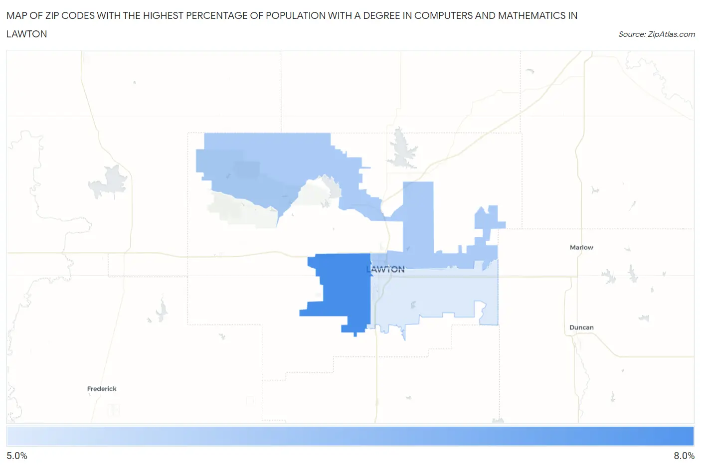 Zip Codes with the Highest Percentage of Population with a Degree in Computers and Mathematics in Lawton Map