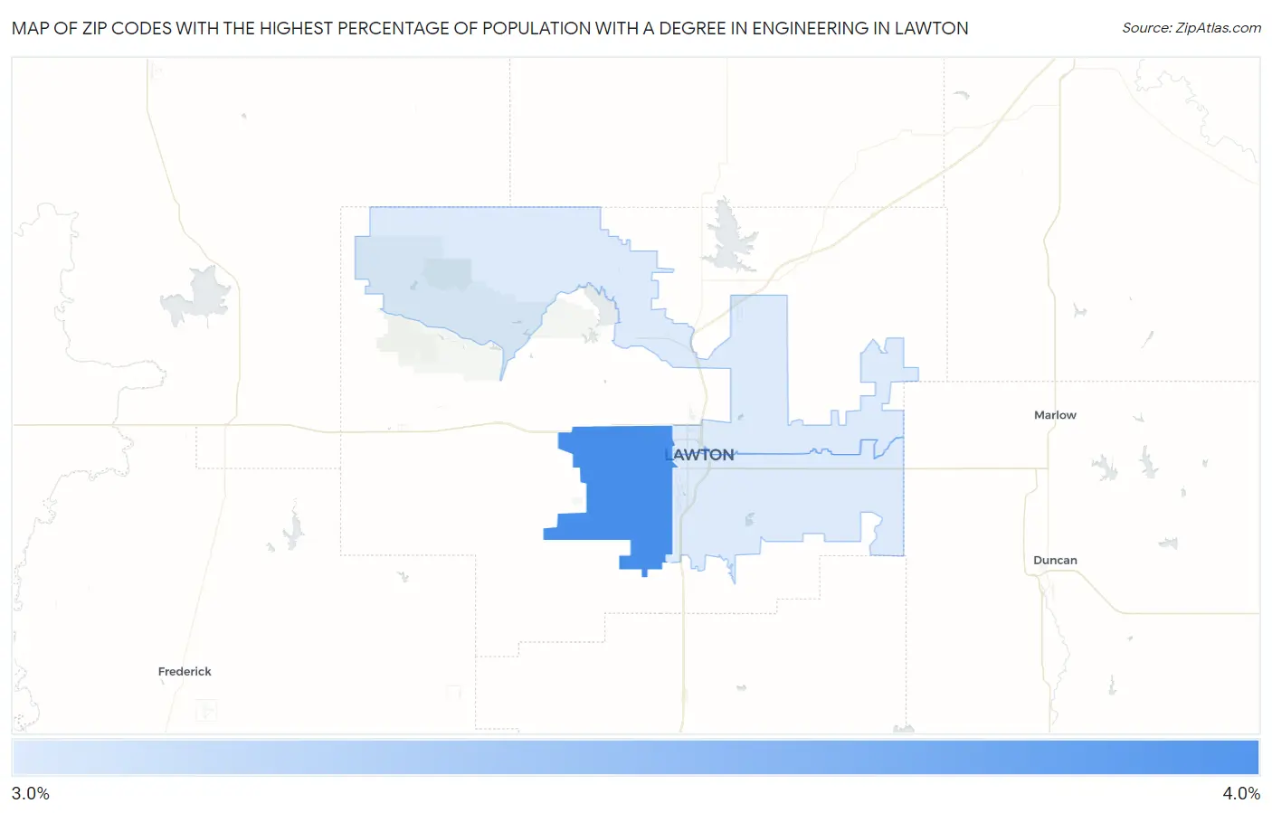 Zip Codes with the Highest Percentage of Population with a Degree in Engineering in Lawton Map