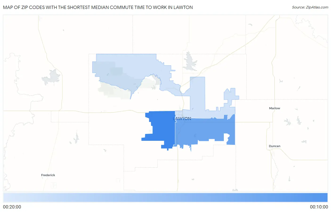 Zip Codes with the Shortest Median Commute Time to Work in Lawton Map