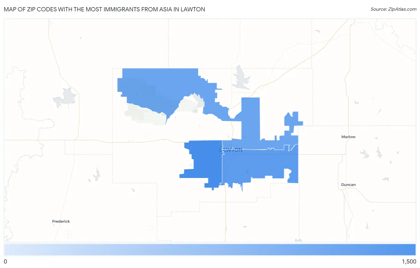 Zip Codes with the Most Immigrants from Asia in Lawton Map