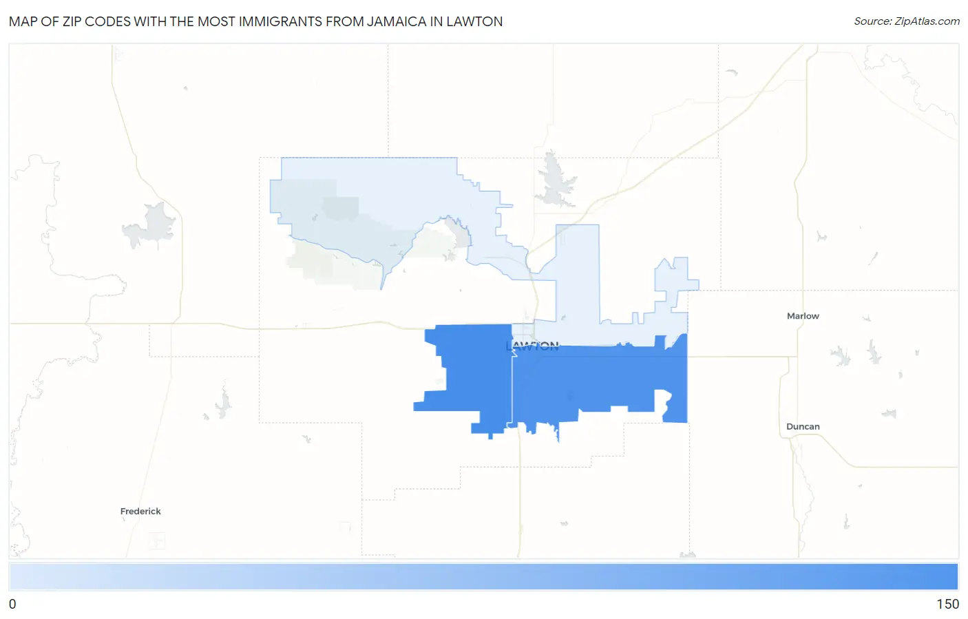 Zip Codes with the Most Immigrants from Jamaica in Lawton Map