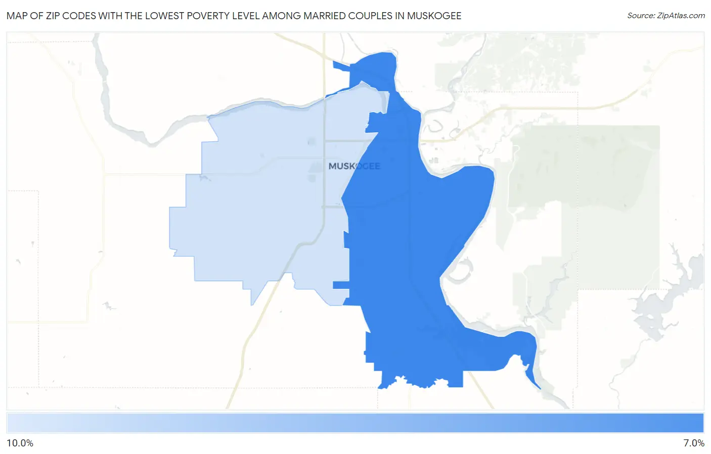 Zip Codes with the Lowest Poverty Level Among Married Couples in Muskogee Map