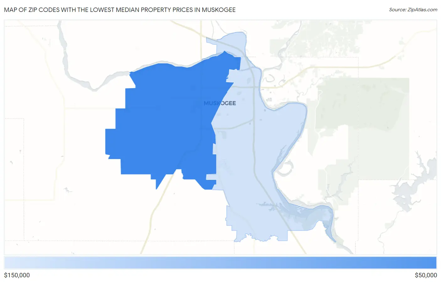 Zip Codes with the Lowest Median Property Prices in Muskogee Map
