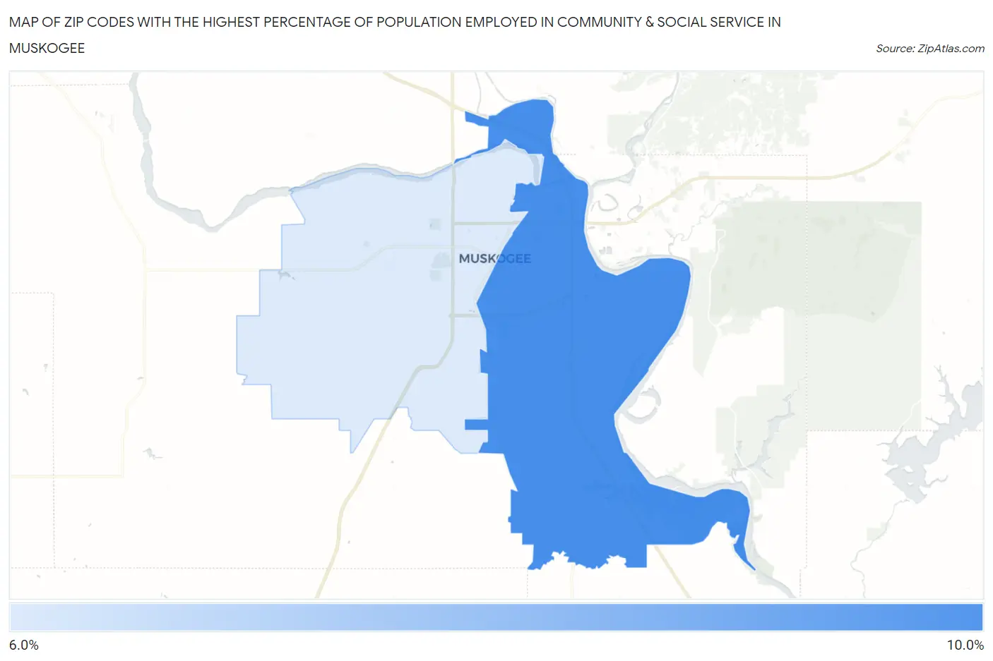Zip Codes with the Highest Percentage of Population Employed in Community & Social Service  in Muskogee Map