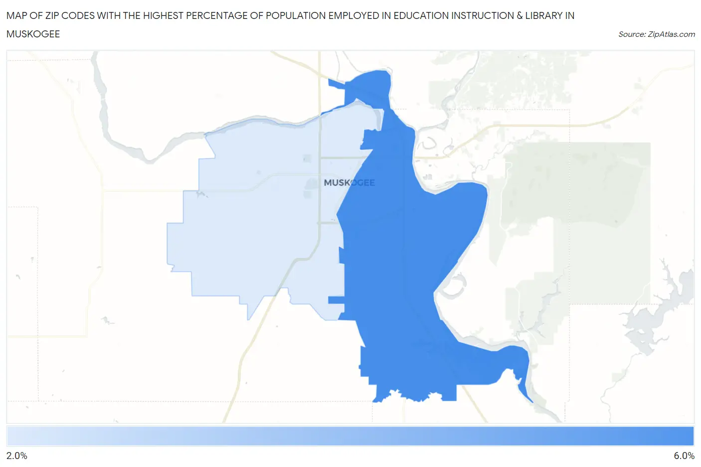 Zip Codes with the Highest Percentage of Population Employed in Education Instruction & Library in Muskogee Map
