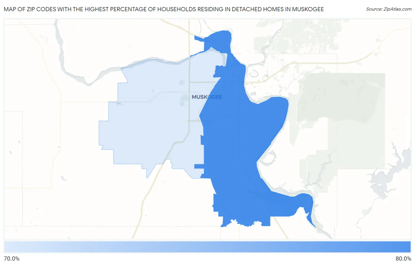 Zip Codes with the Highest Percentage of Households Residing in Detached Homes in Muskogee Map