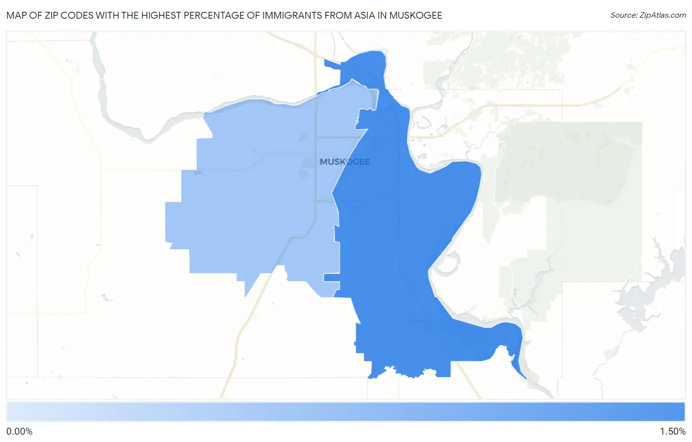 Zip Codes with the Highest Percentage of Immigrants from Asia in Muskogee Map