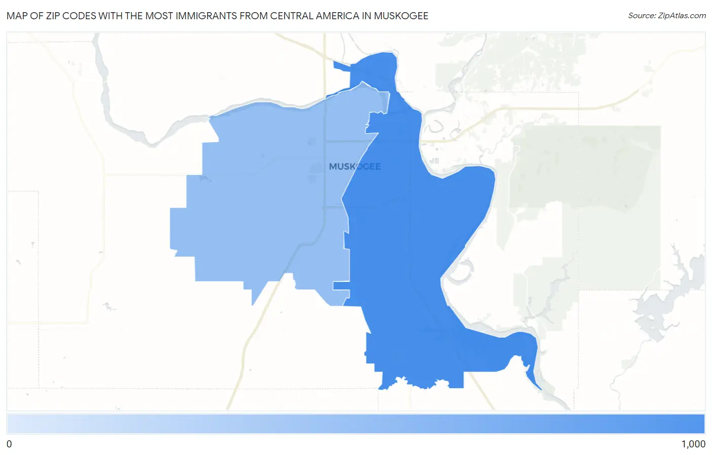 Zip Codes with the Most Immigrants from Central America in Muskogee Map