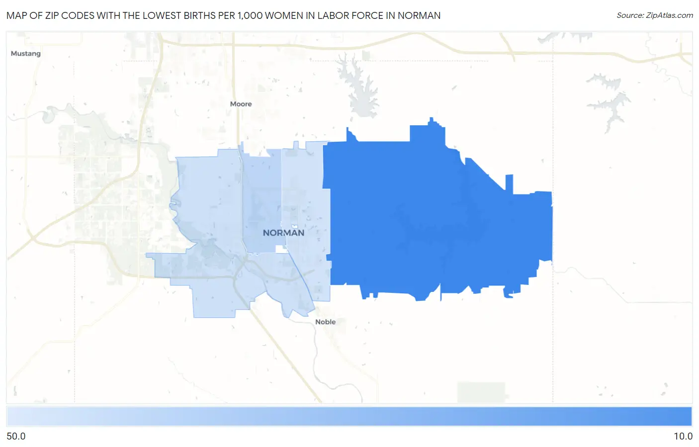 Zip Codes with the Lowest Births per 1,000 Women in Labor Force in Norman Map