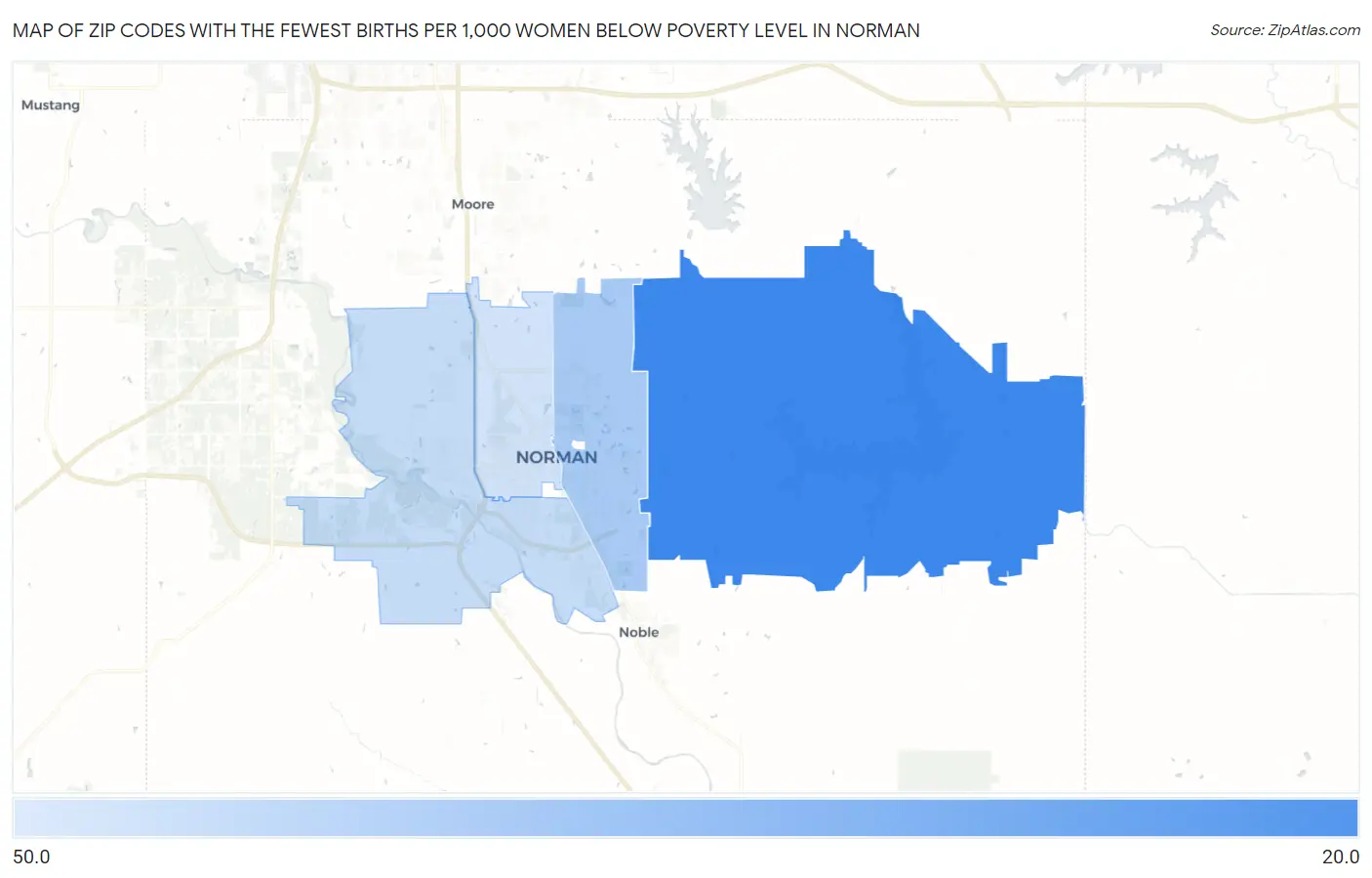 Zip Codes with the Fewest Births per 1,000 Women Below Poverty Level in Norman Map