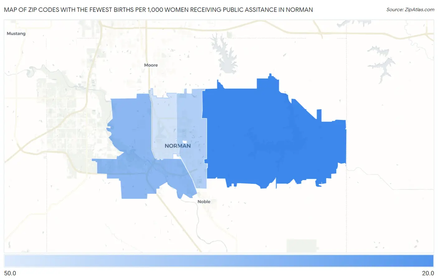 Zip Codes with the Fewest Births per 1,000 Women Receiving Public Assitance in Norman Map