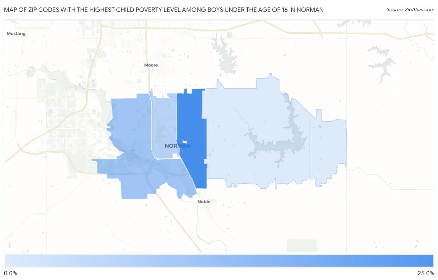 Zip Codes with the Highest Child Poverty Level Among Boys Under the Age of 16 in Norman Map