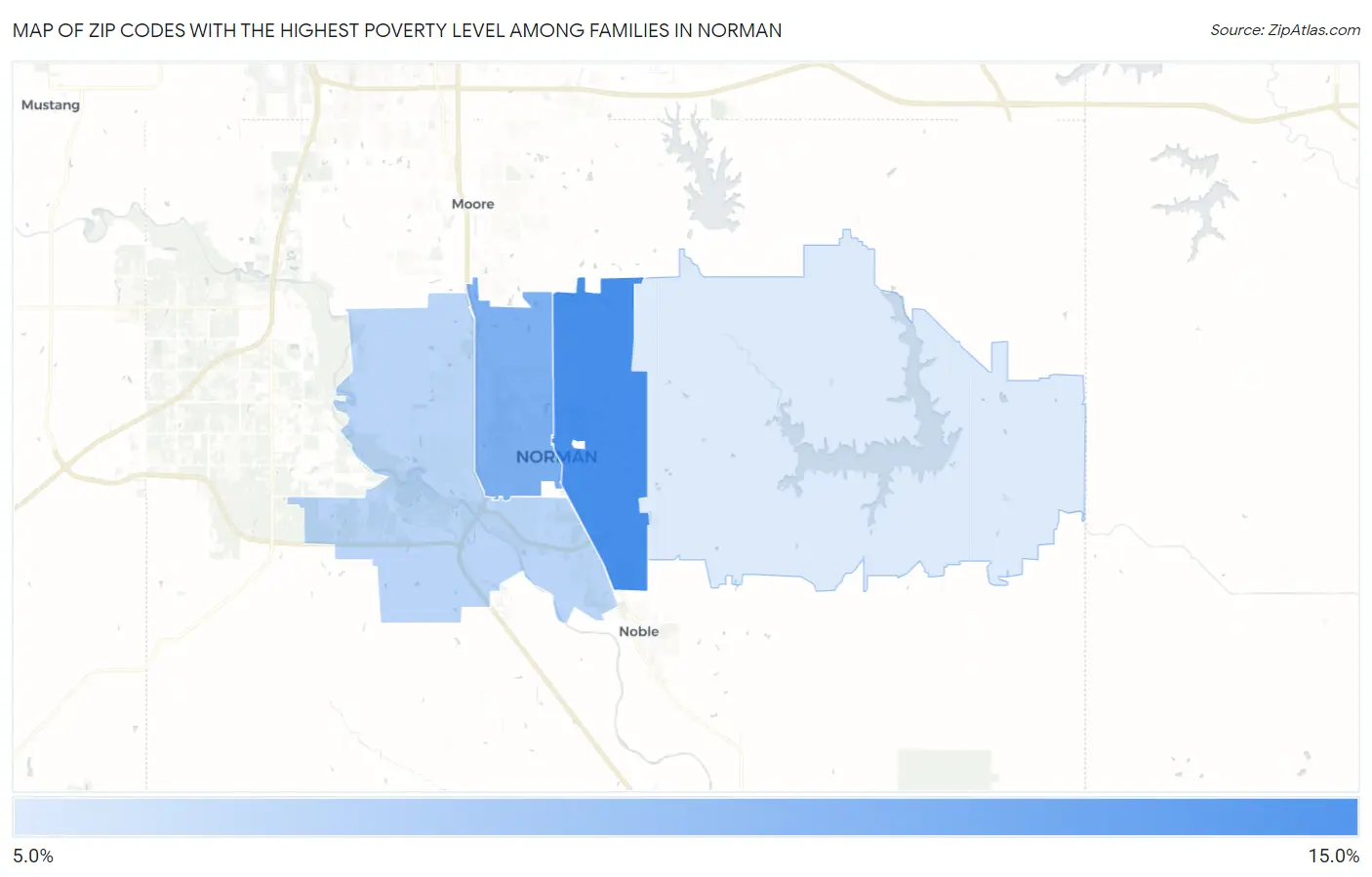 Zip Codes with the Highest Poverty Level Among Families in Norman Map