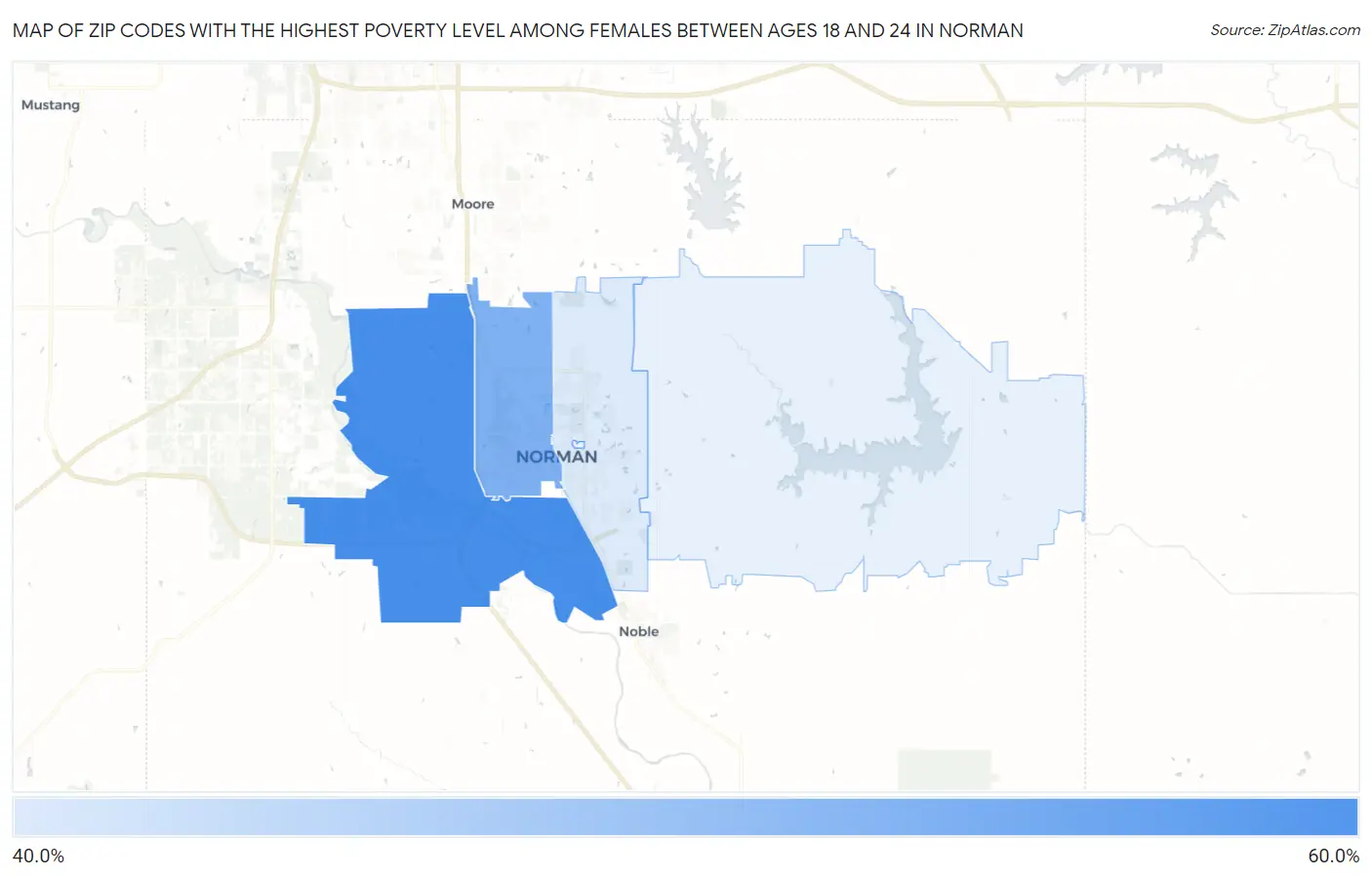 Zip Codes with the Highest Poverty Level Among Females Between Ages 18 and 24 in Norman Map