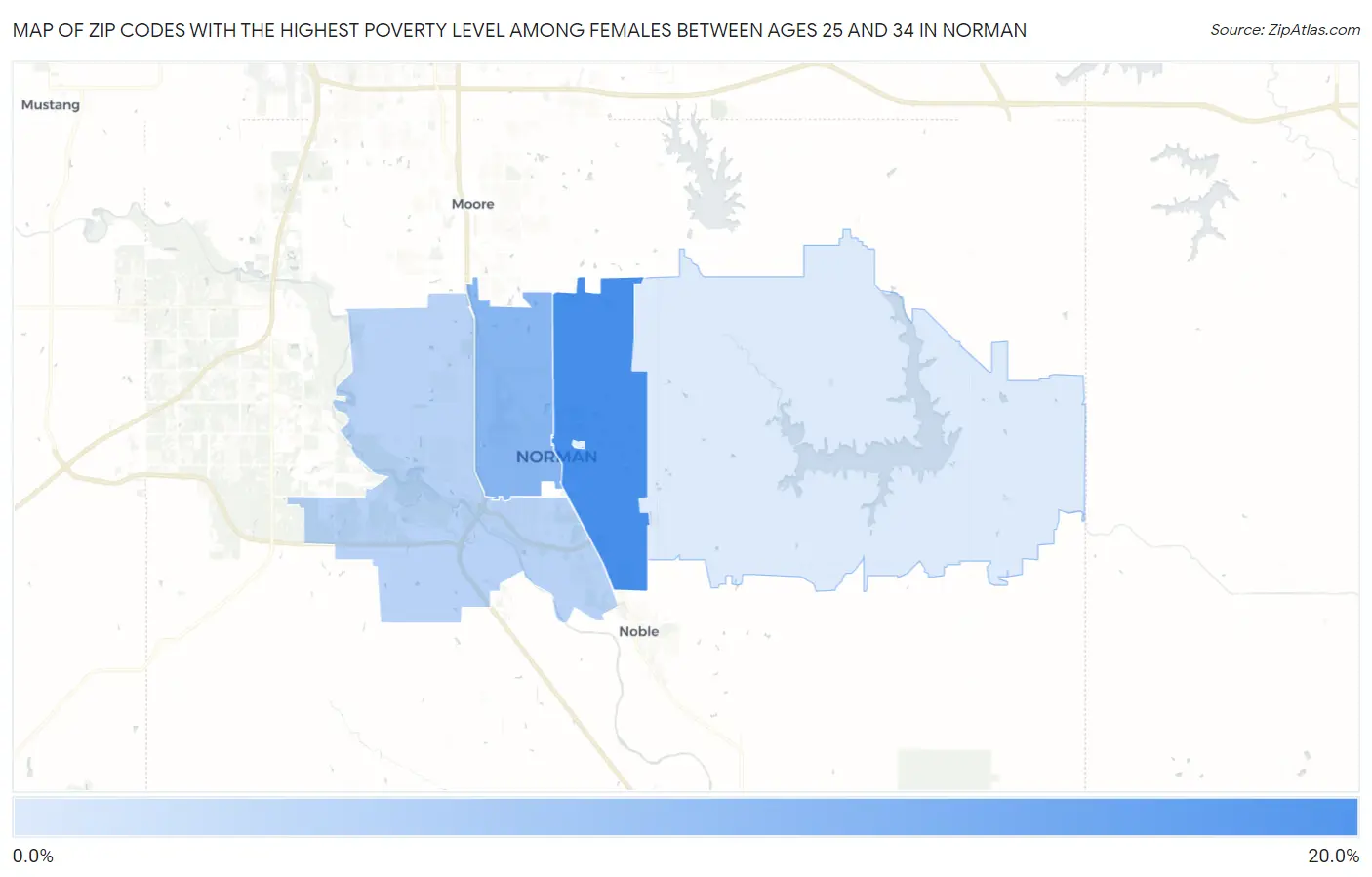 Zip Codes with the Highest Poverty Level Among Females Between Ages 25 and 34 in Norman Map