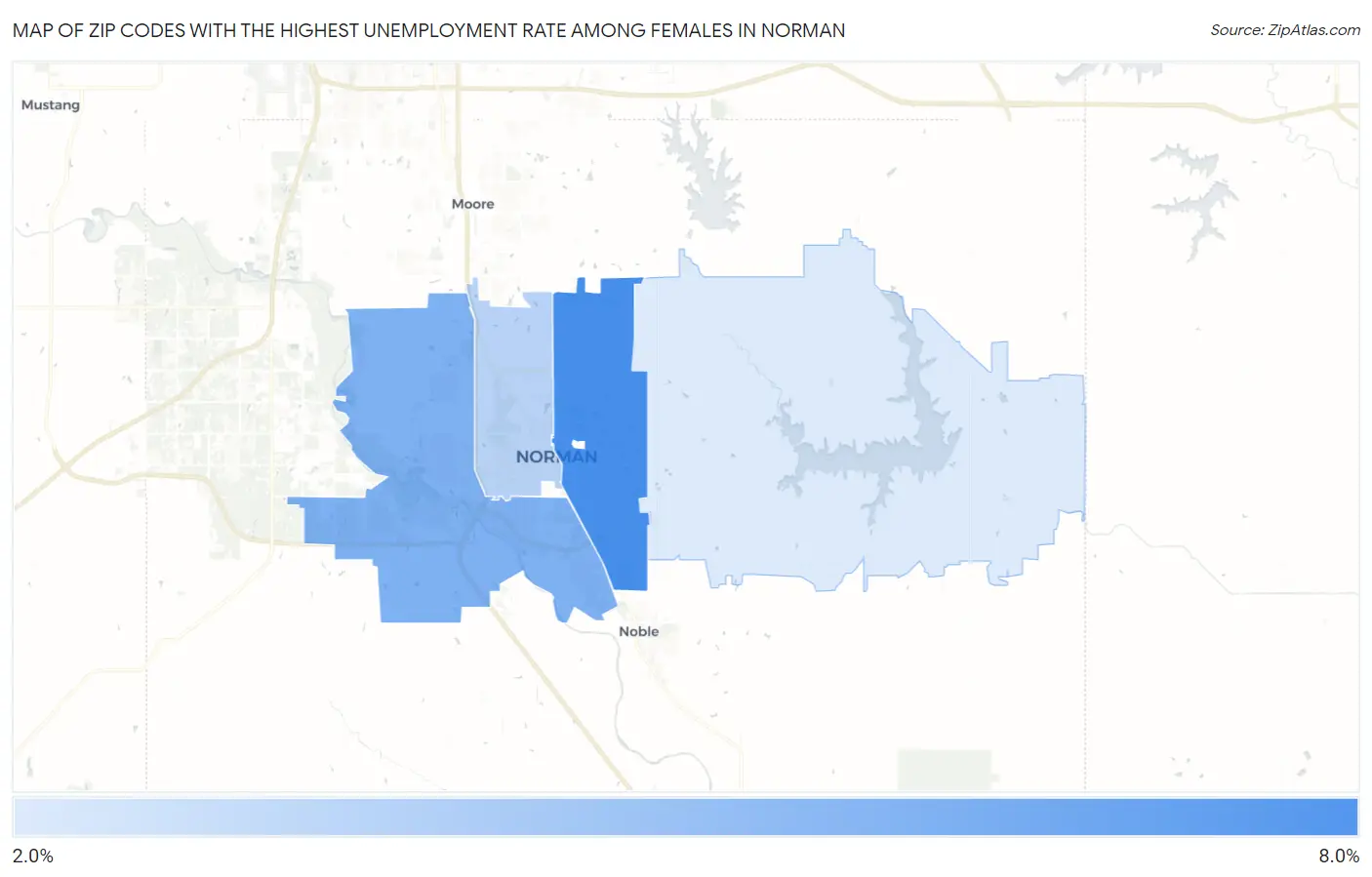 Zip Codes with the Highest Unemployment Rate Among Females in Norman Map