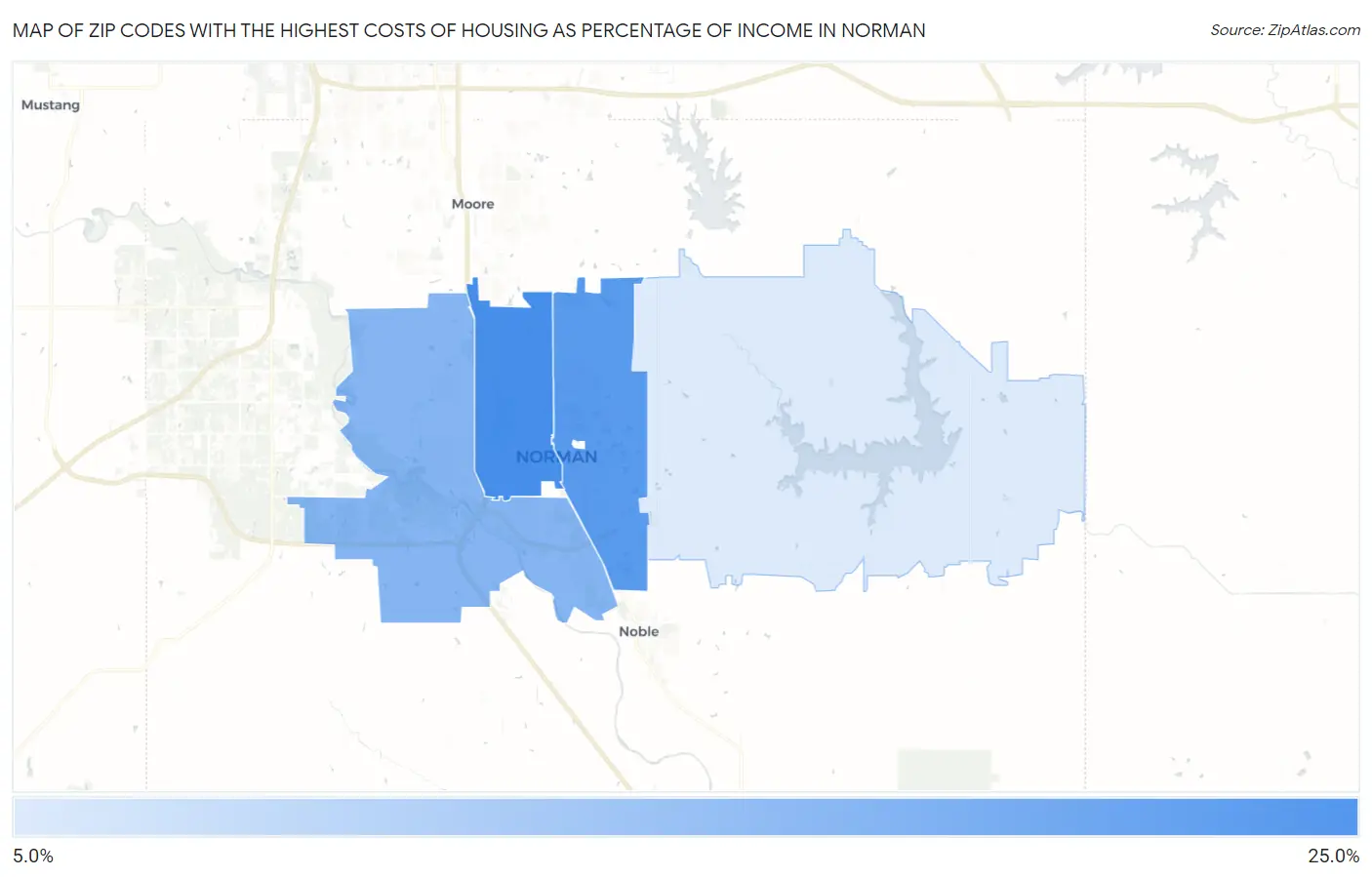Zip Codes with the Highest Costs of Housing as Percentage of Income in Norman Map