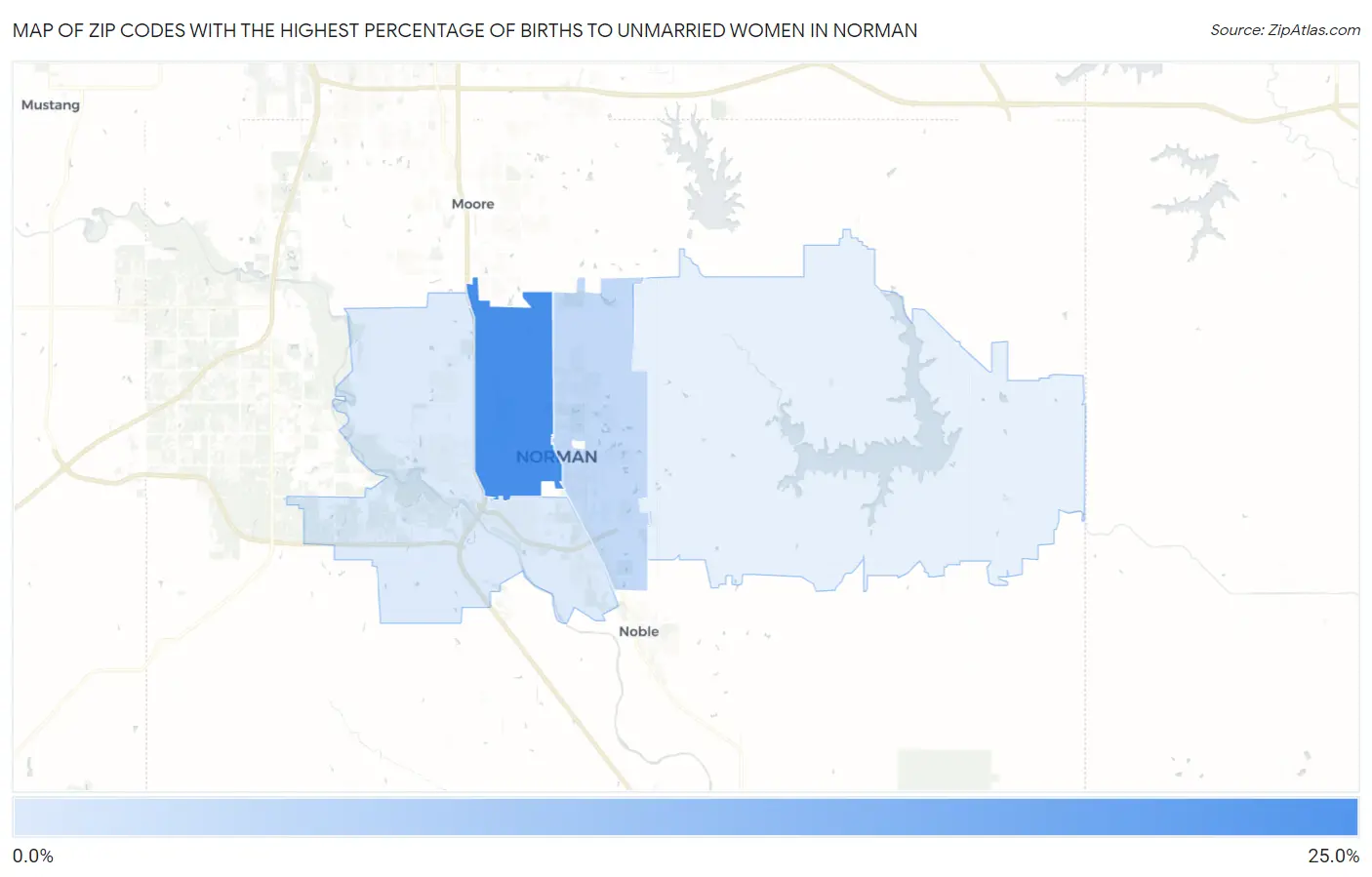 Zip Codes with the Highest Percentage of Births to Unmarried Women in Norman Map