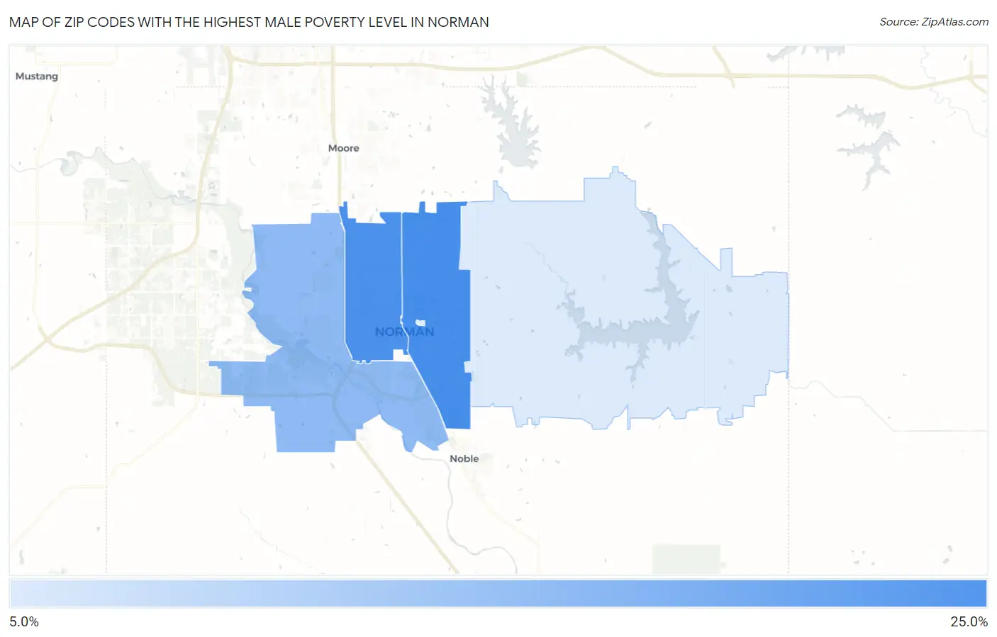 Zip Codes with the Highest Male Poverty Level in Norman Map