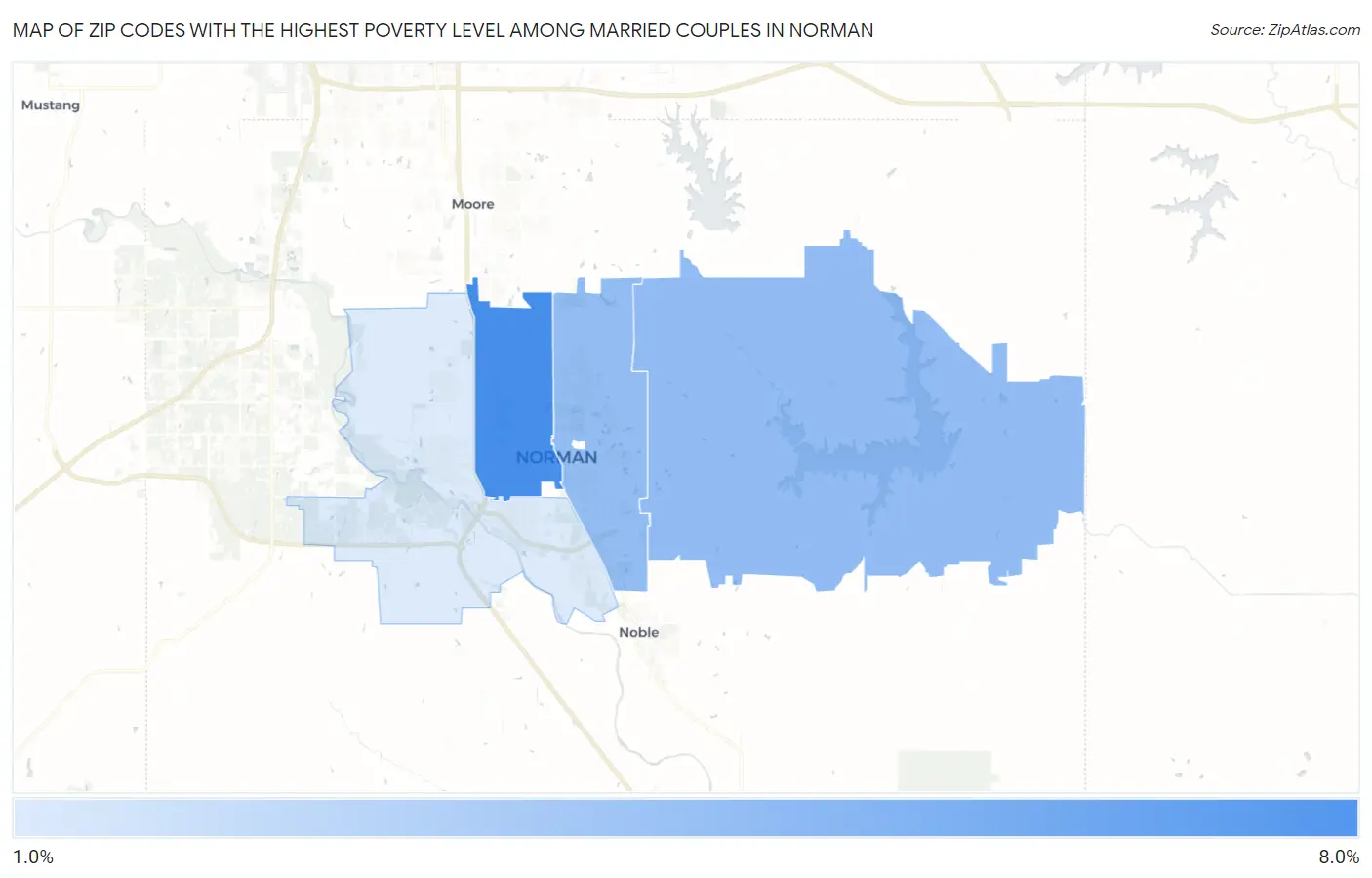 Zip Codes with the Highest Poverty Level Among Married Couples in Norman Map