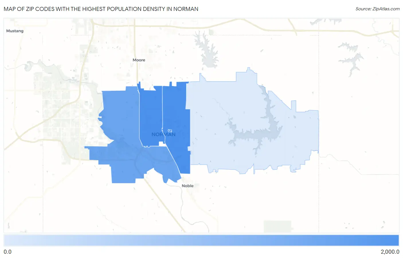 Zip Codes with the Highest Population Density in Norman Map