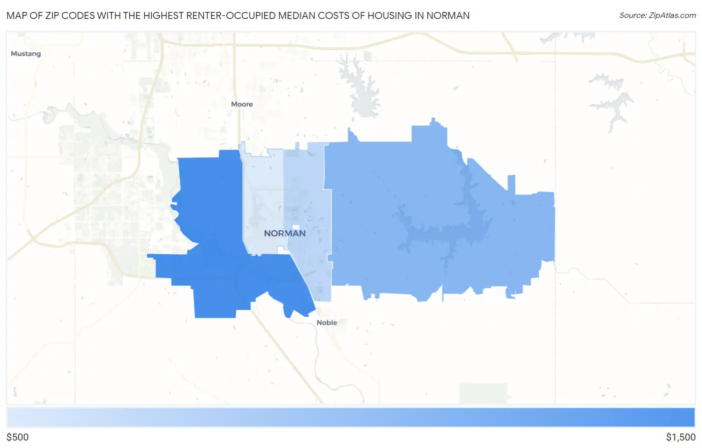 Zip Codes with the Highest Renter-Occupied Median Costs of Housing in Norman Map