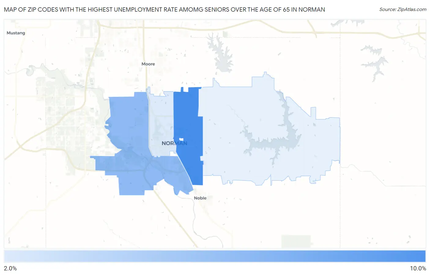 Zip Codes with the Highest Unemployment Rate Amomg Seniors Over the Age of 65 in Norman Map