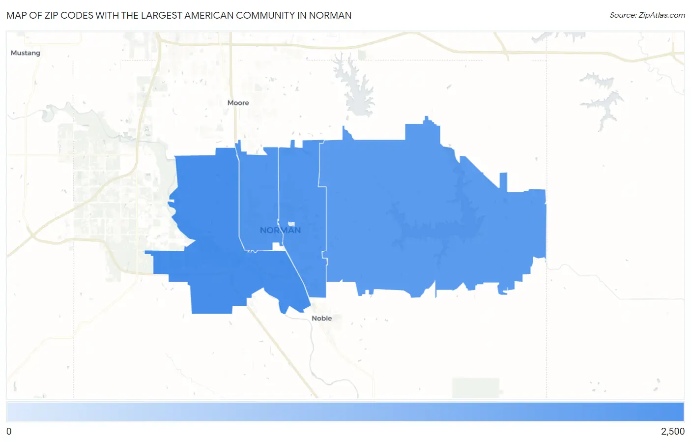 Zip Codes with the Largest American Community in Norman Map