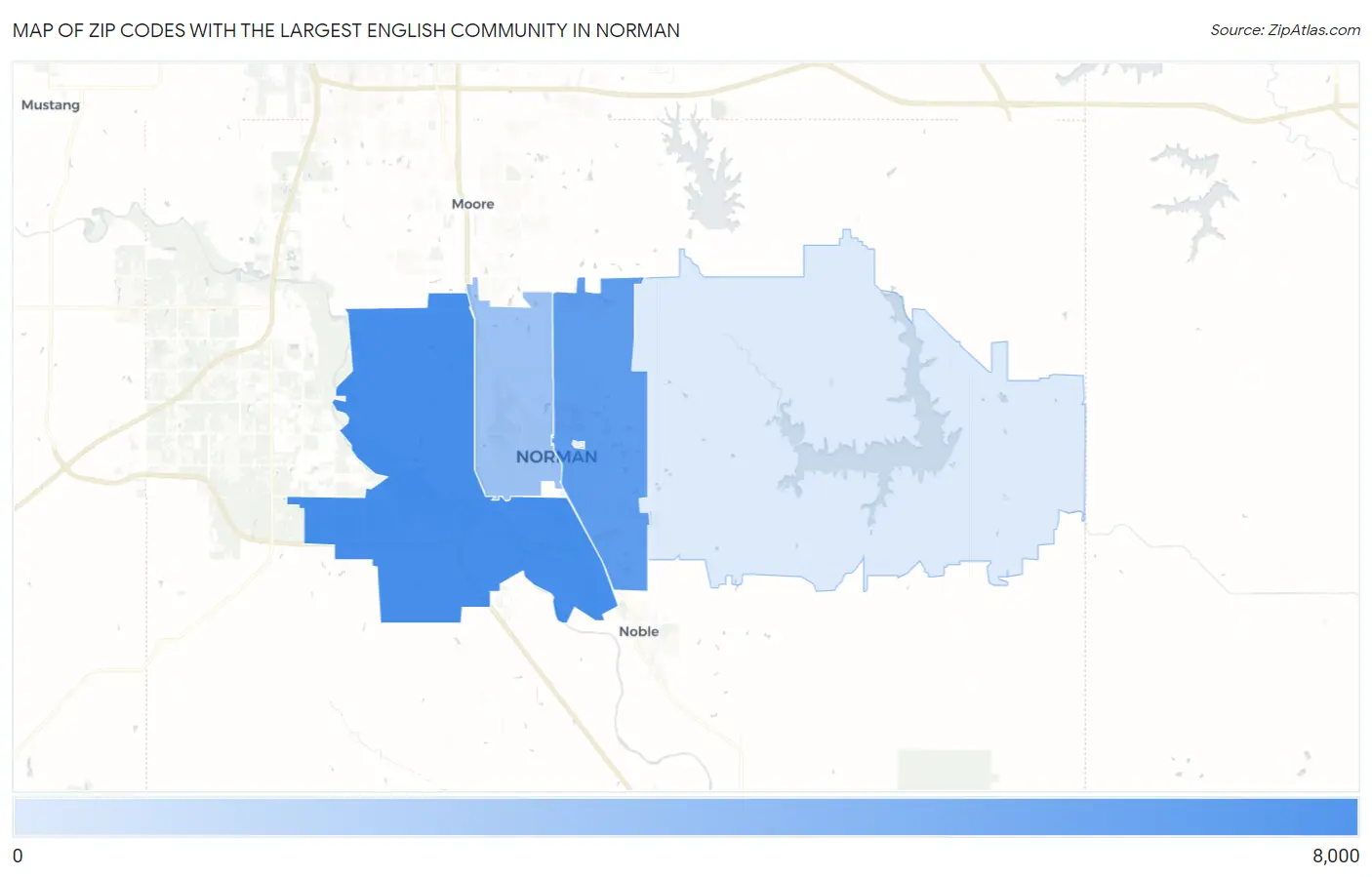 Zip Codes with the Largest English Community in Norman Map